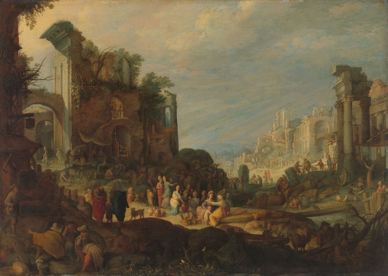 Travellers among Roman Ruins with Rebecca and Eliezer at the Well by Willem van Nieulandt