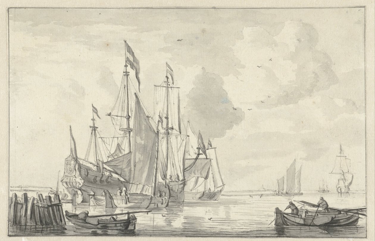 Seascape with Several Ships in Calm Water by the Coast by Willem van de Velde (II)