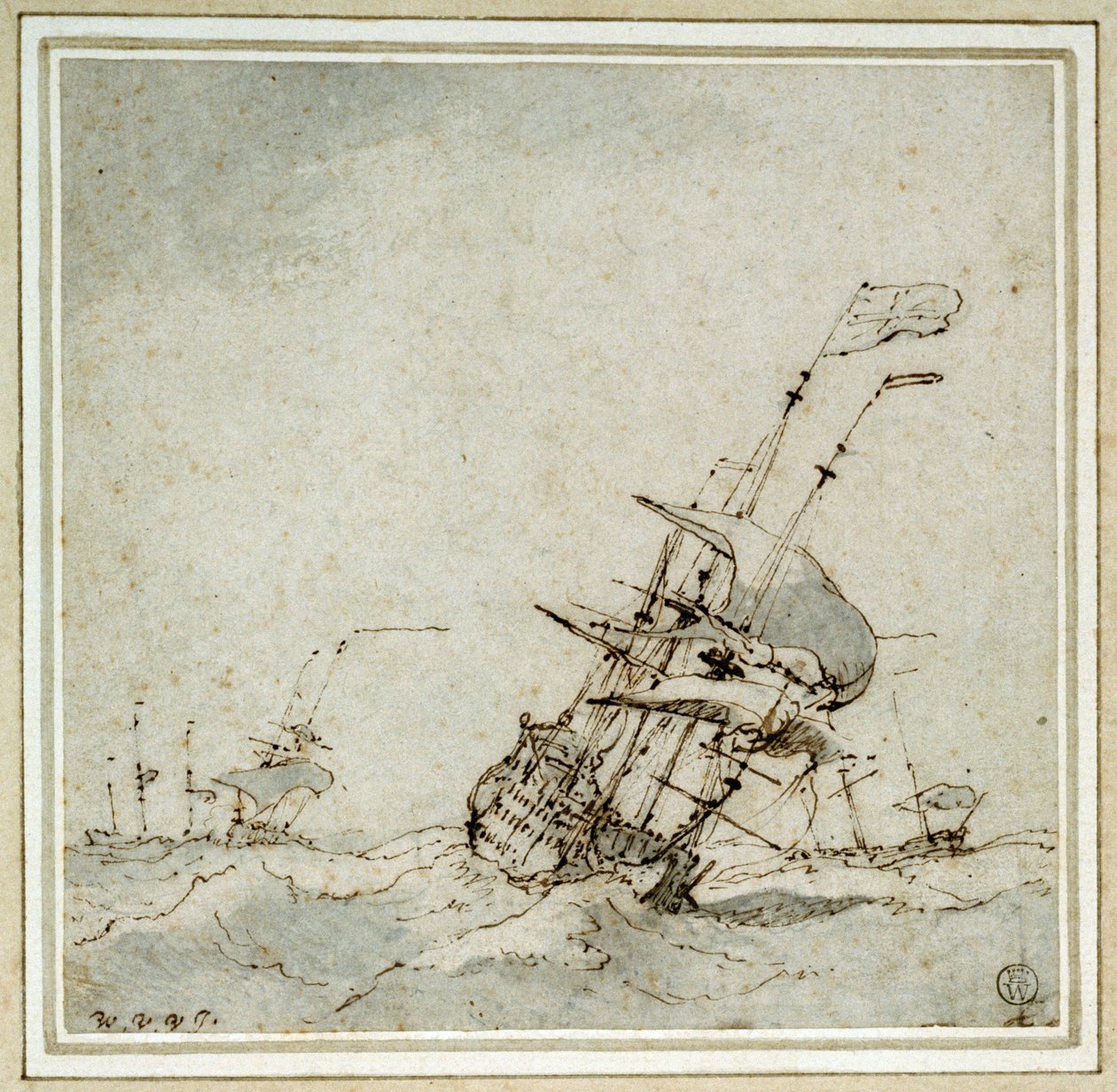A Flagship, Speeding Up to Escape the Storm by Willem van de Velde the Younger