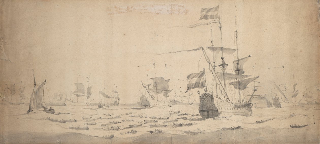 A Dutch Fleet lying-to in a breeze: a council-of-war, c.1665 by Willem van de the Elder Velde