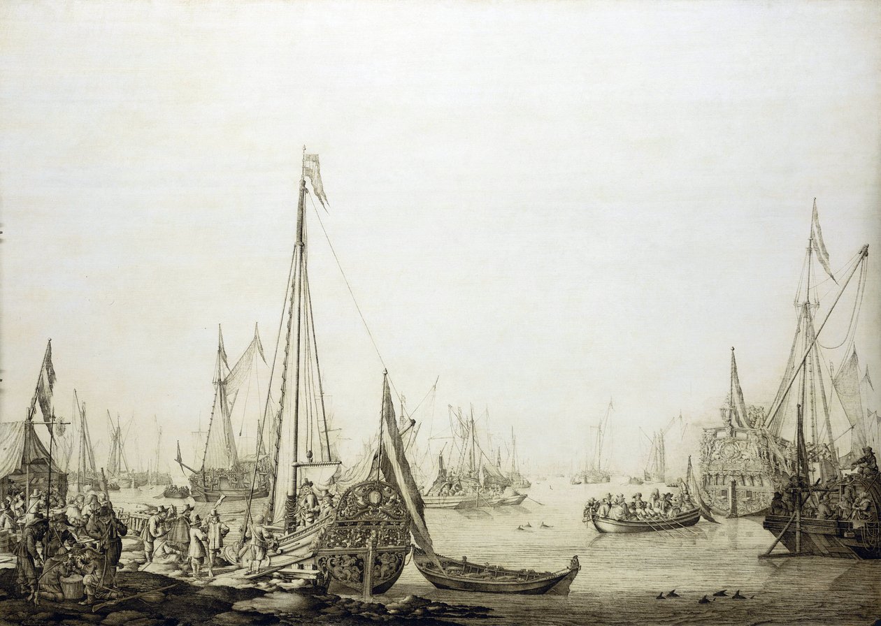 A variety of ships in a crowded port, historically associated with the voyage of Charles II of England to The Hague (Holland) in 1660 by Willem van de the Elder Velde