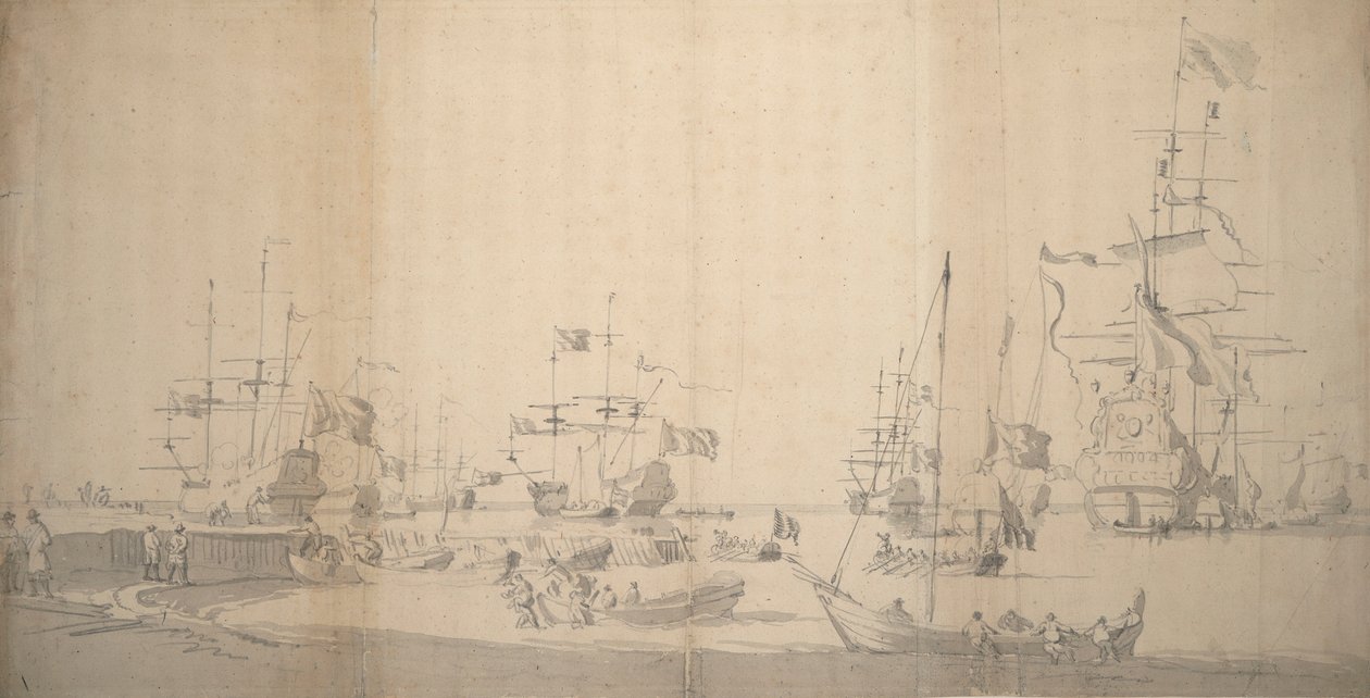 A Weyschuit Being Hauled Ashore in a Crowded Harbour, c.1672 by Willem van de the Elder Velde