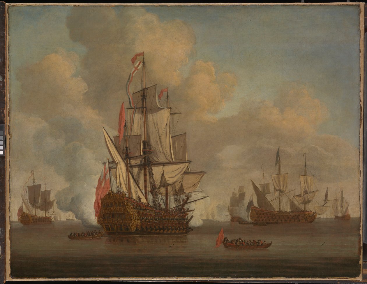 Calm: An English Two-Decker with Sails Loosed Firing a Salute by Willem van de the Elder Velde