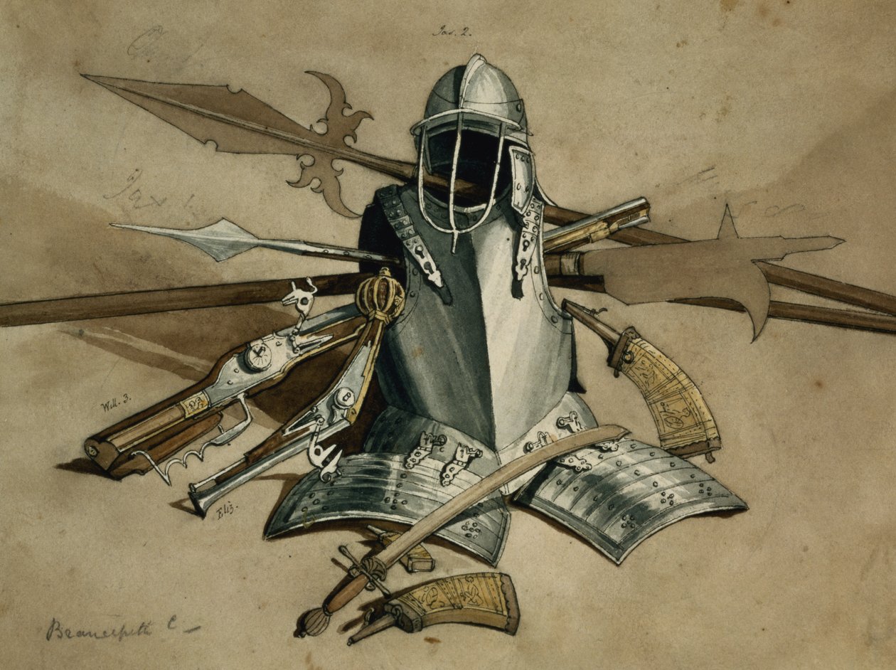 Study of Armour and Weapons at Brancepeth Castle, Durham by William Andrews Nesfield
