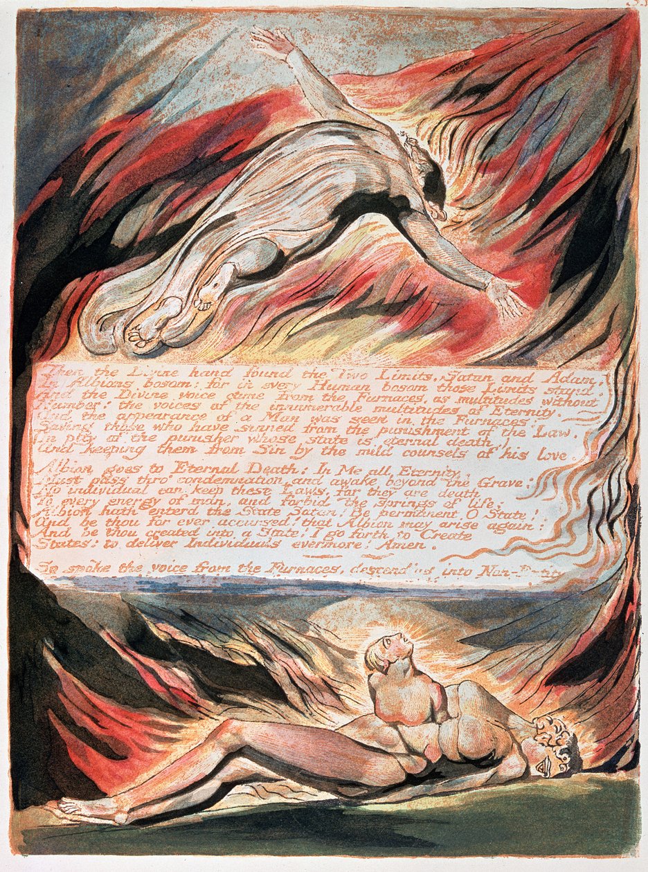 Jerusalem The Emanation of The Giant Albion; Then the Divine Hand showing Christ soaring above Albion within whose bosom the Divine hand found the Two Limits, Satan and Adam by William Blake