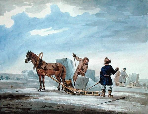 Transporting Ice by Horsedrawn Sledge, from 