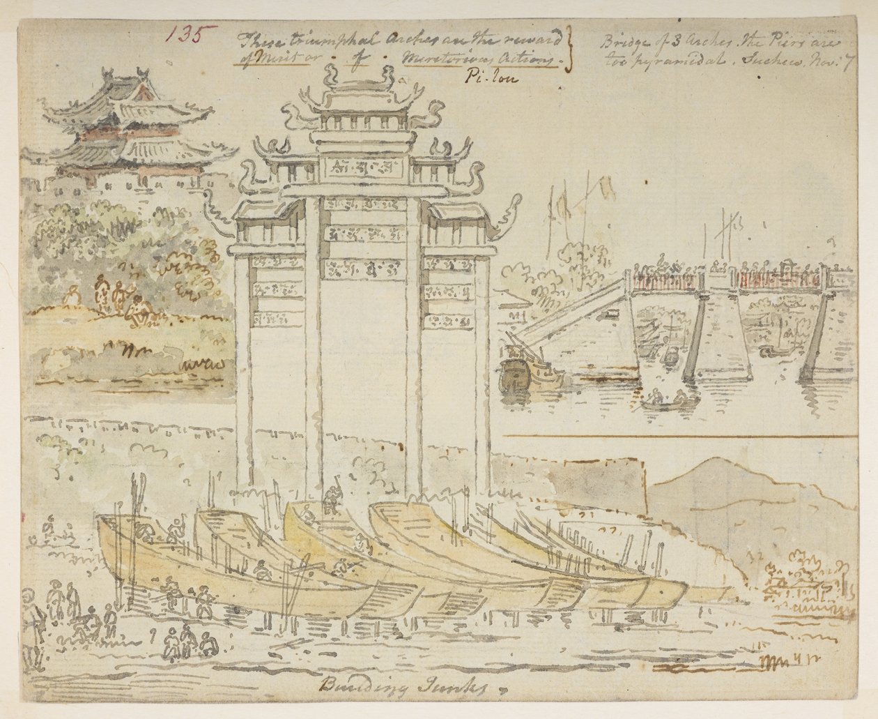 Junks being built near a triumphal arch. These triumphal arches are the ...