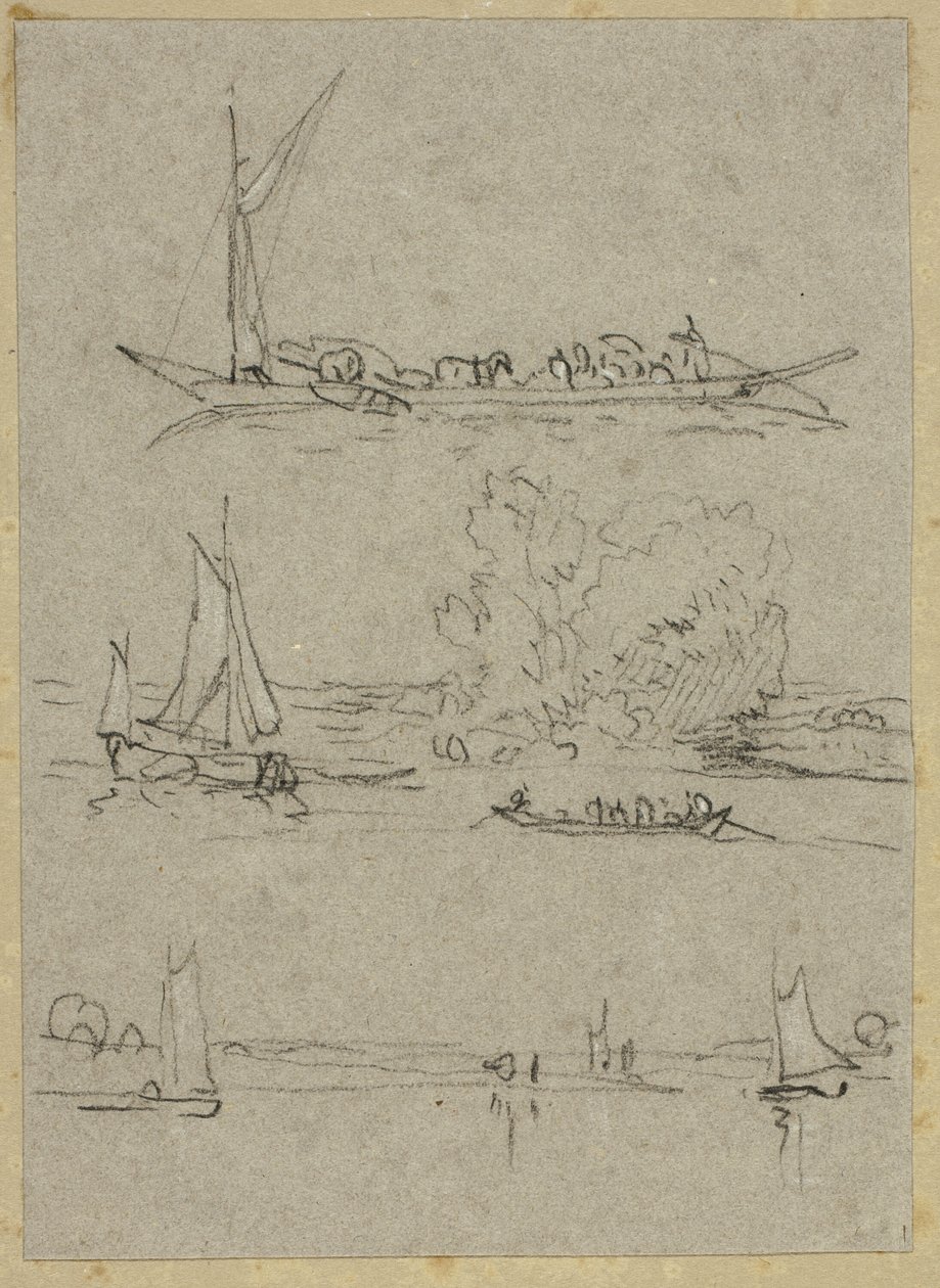 Three Sketches of Dusseldorf River Boats by William Alfred Delamotte