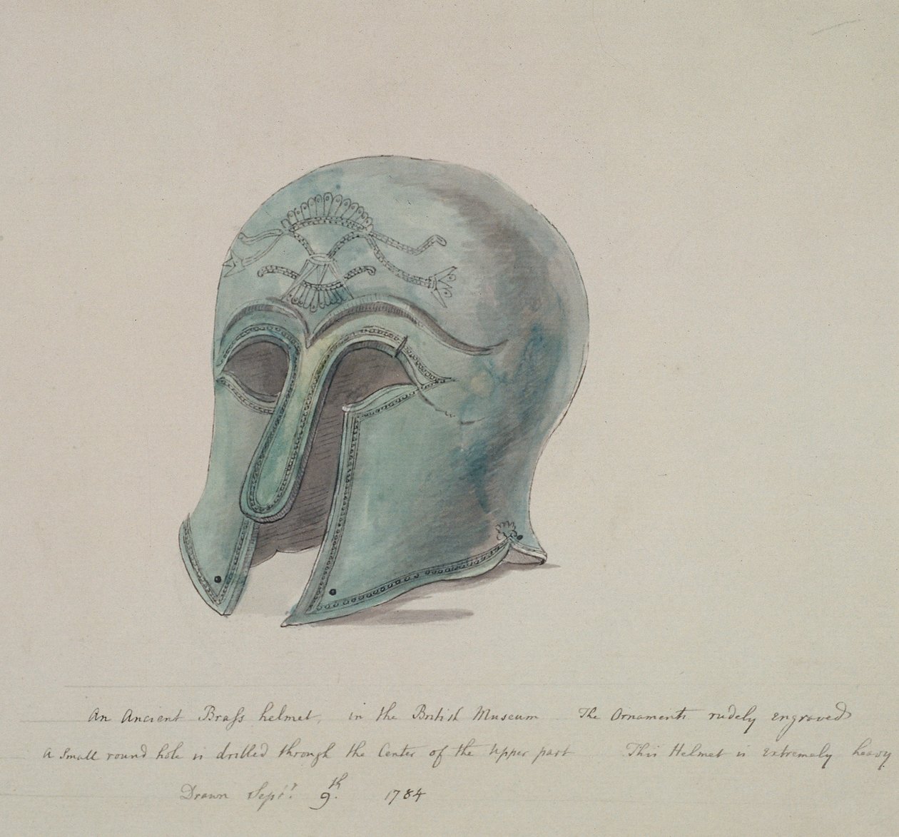 Ancient brass helmet from the British Museum, Holborn, London, 1784 by William Angus