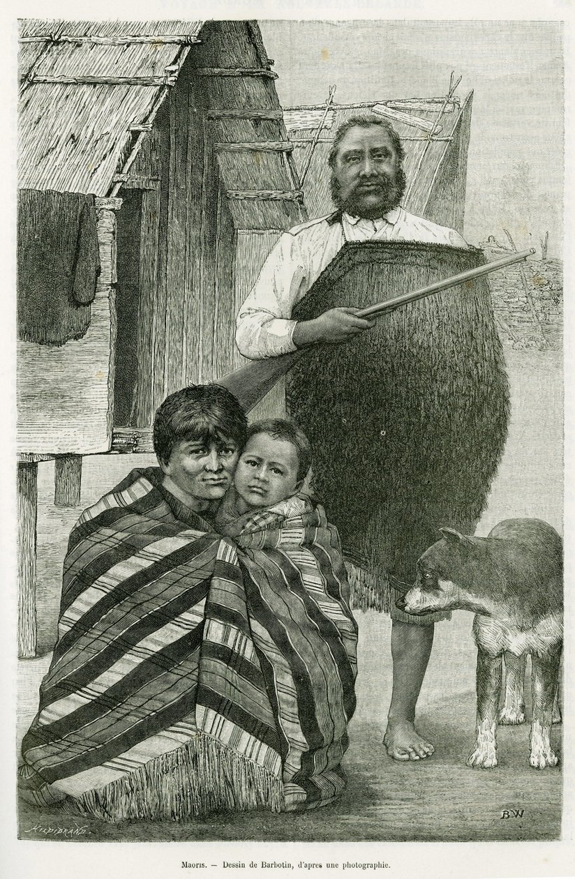 Three generations of Maori. Engraving by Barbotin, to illustrate the story Voyage a la Nouvelle Zelande, in 1889, by G.Verschuur, in le tour du monde 1890, directed by Edouard Charton (1807-1890), Hachette, Paris. by William Barbotin