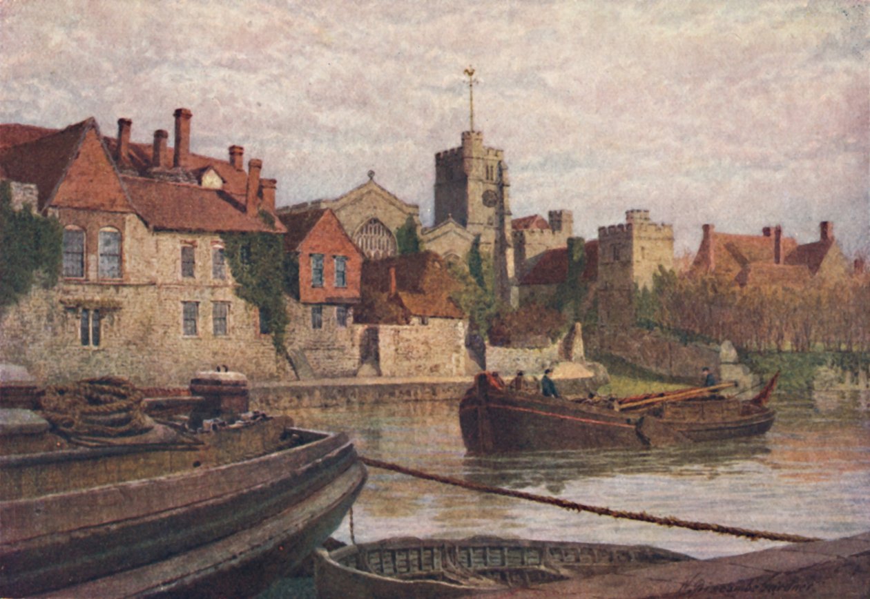 Maidstone. Back of the Ancient Palace, The Church and Old College from across the Medway by William Biscombe Gardner