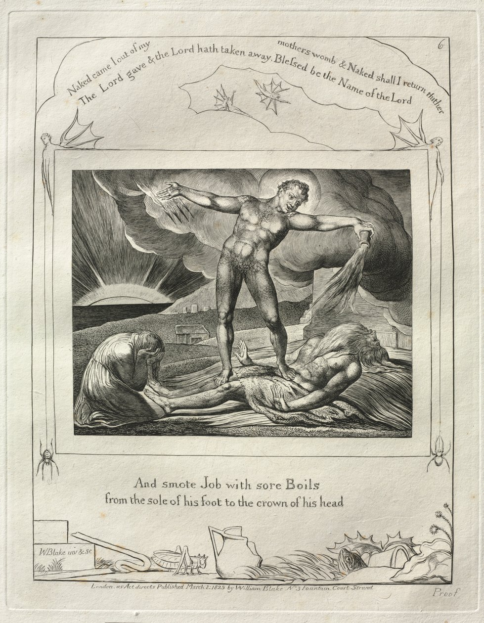 The Book of Job: Pl. 6, And smote Job with sore Boils from the sole of his foot to the crown of his head by William Blake