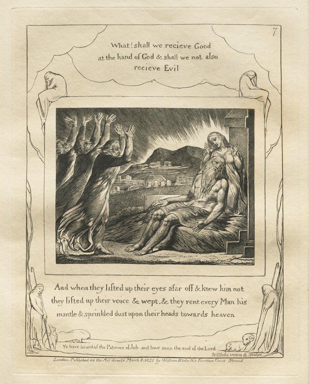 The Book of Job: Pl. 7, And when they lifted up their eyes afar off and knew him not..., 1825 by William Blake