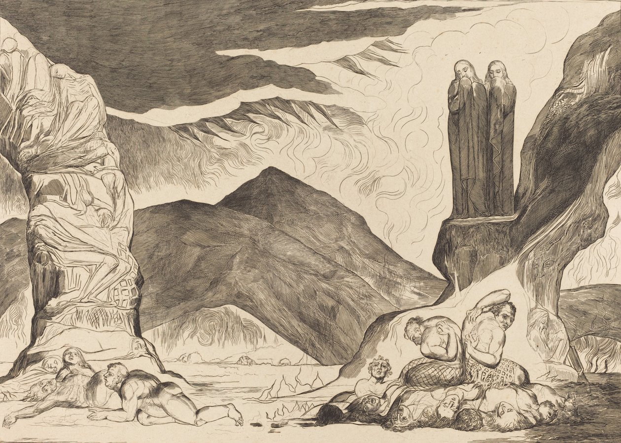 The Circle of the Falsifiers: Dante and Virgil Covering their Noses because of the stench by William Blake