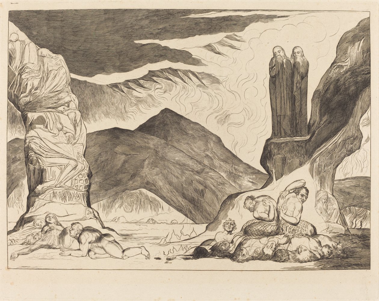 The Circle of the Falsifiers; Dante and Virgil Covering their Noses because of the Stench by William Blake