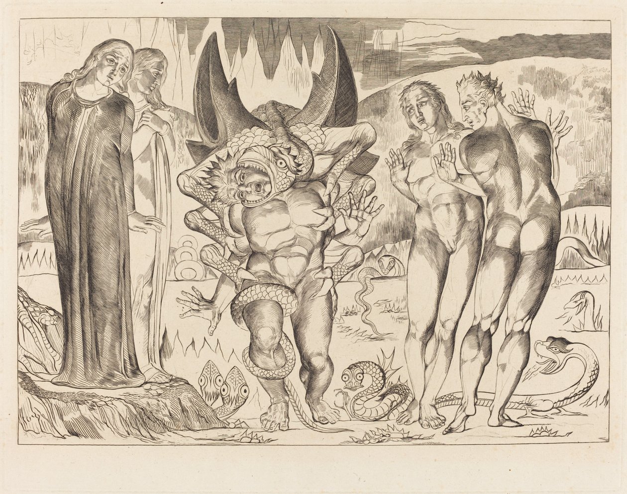 The Circle of the Thieves; Agnolo Brunelleschi Attacked by a Six-Footed Serpent by William Blake