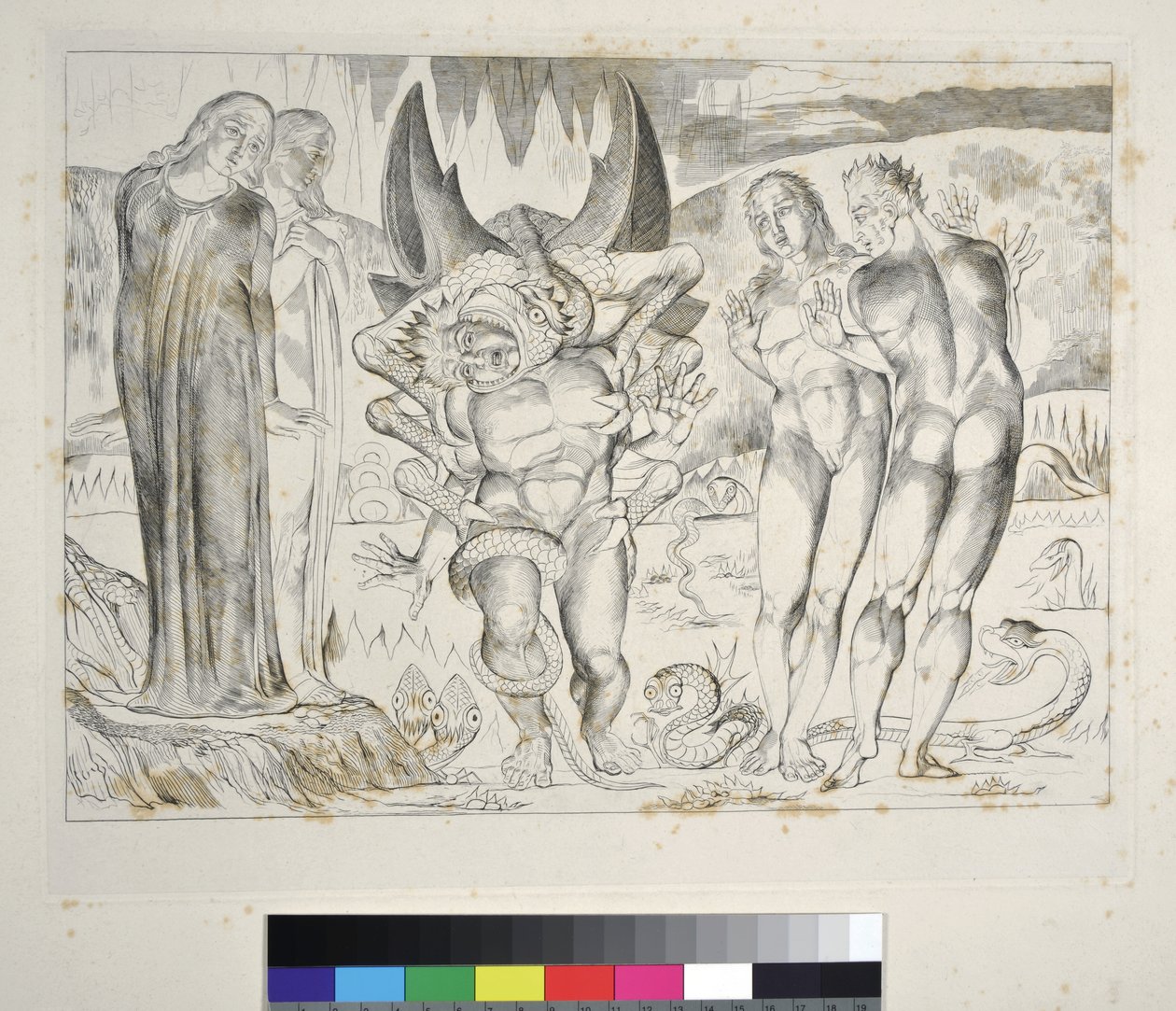 The Circle of the Thieves: Agnolo Brunelleschi Attacked by a Six-Footed Serpent. Inferno, Canto XXV, illustration to the Divine Comedy by Dante Alighieri by William Blake