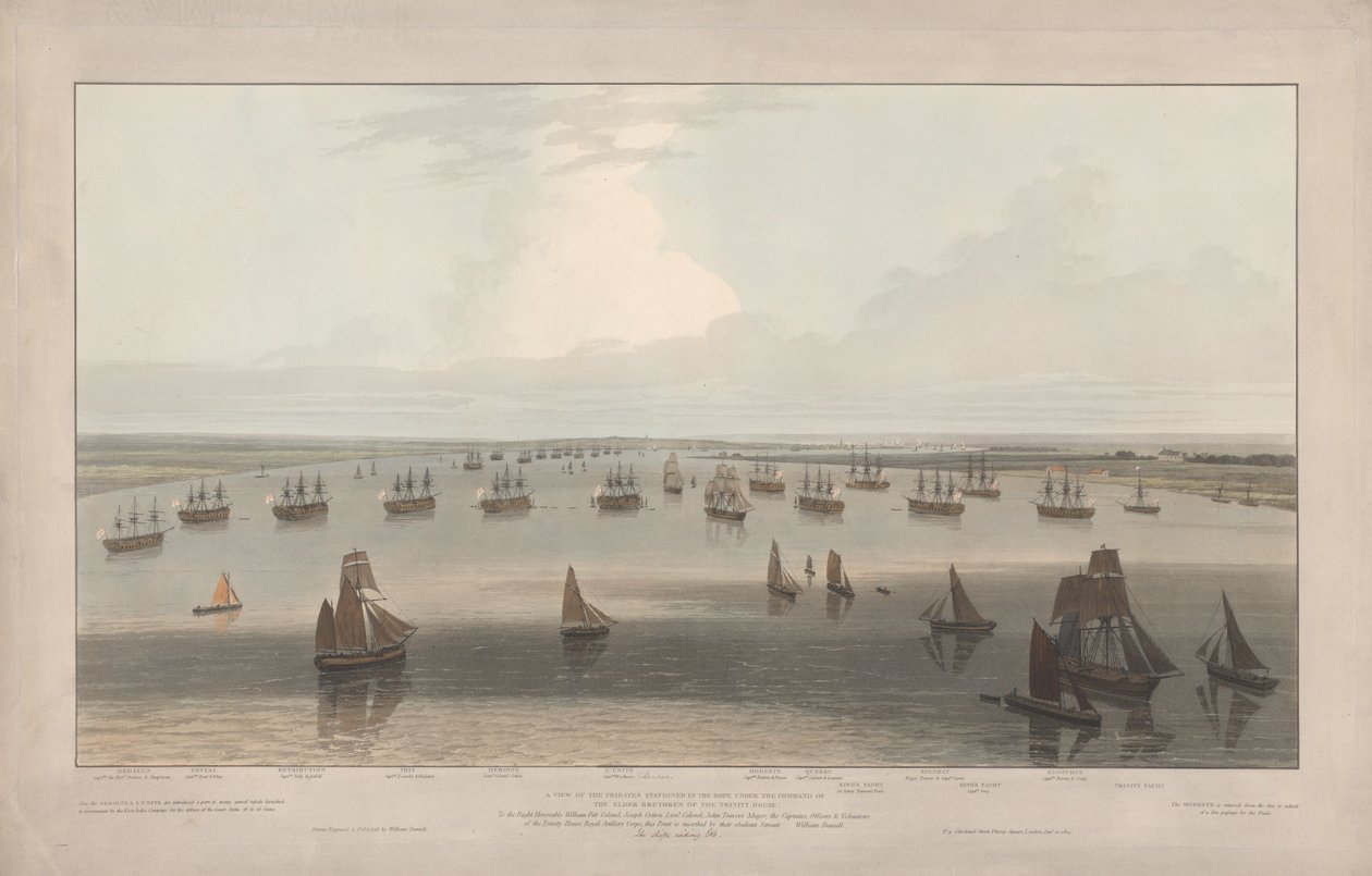 A View of the Frigates Stationed in the Hope under the Command of the Elder Brethren of the Trinity House, Thames Estuary by William Daniell