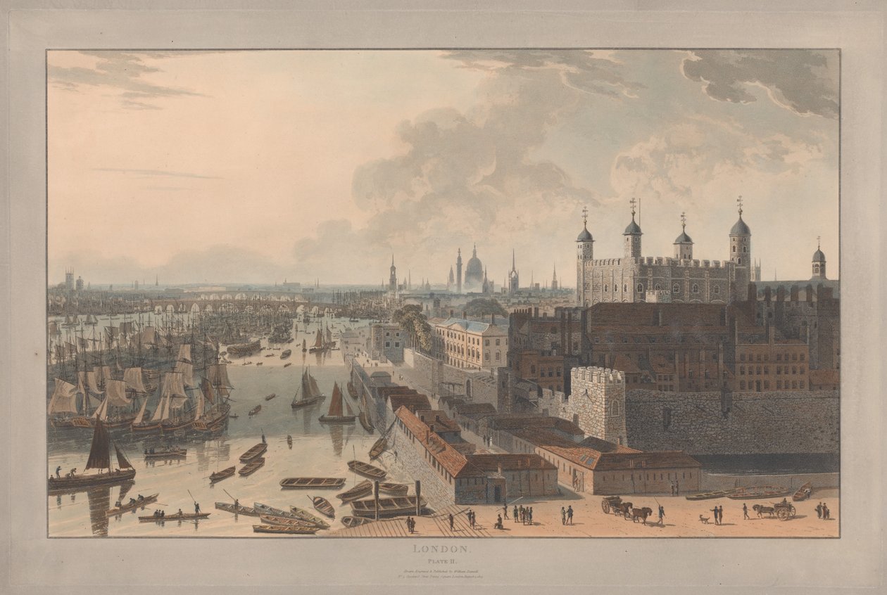 Plate II: London, the Pool and the Tower (from William Daniell