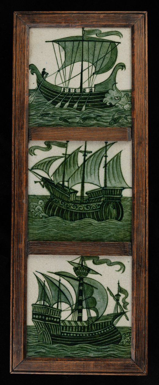 Tile panel of ships in full sail, in frame, c.1865-80