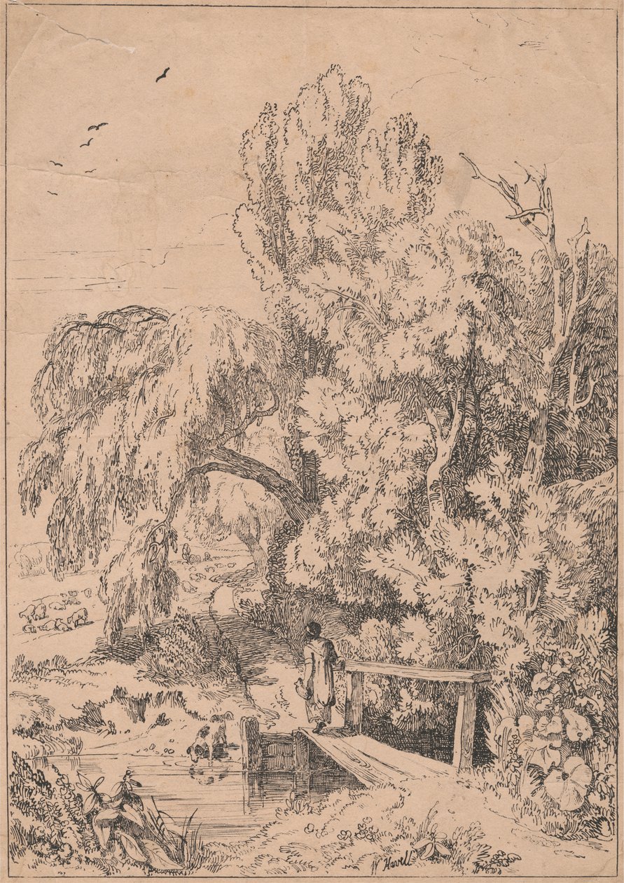 Landscape with Trees, Girls Crossing Footbridge by William Havell