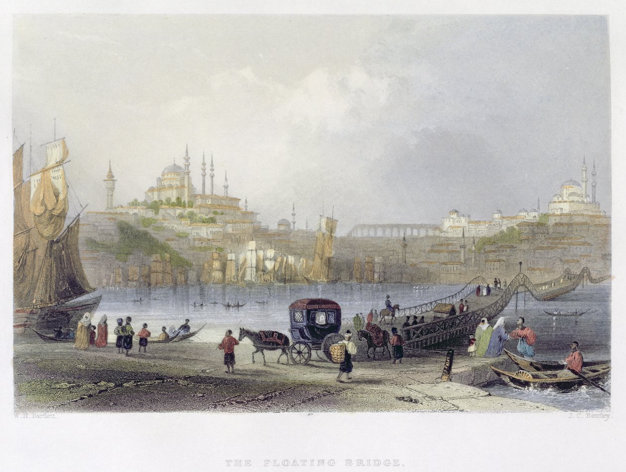 The Floating Bridge, Istanbul (engraved by J.C. Bentley, c.1850) by William Henry Bartlett