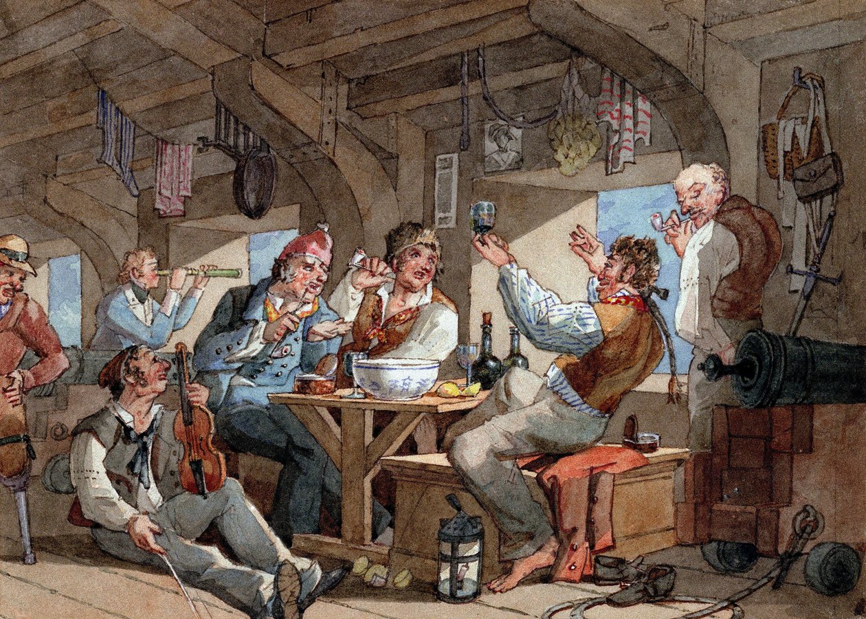 Sailors drinking on board the lower deck of their ship, scene with violin player and pipe smoker, linen lying on a rope, and onboard equipment by William Henry Pyne