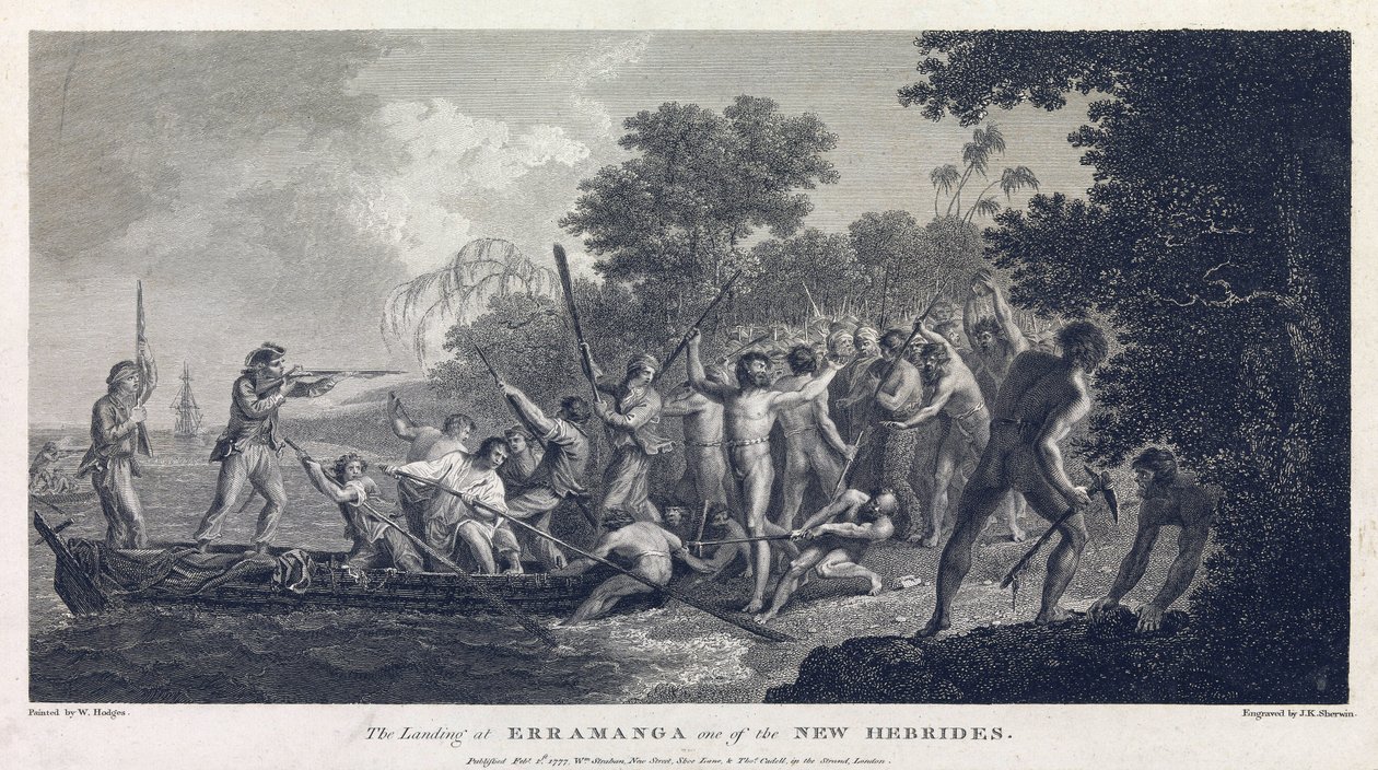 The landing at Erramanga, showing the crew of a canoe fighting with warriors from the island by William Hodges