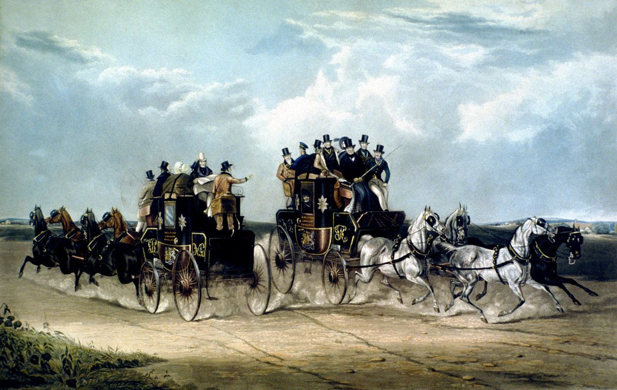 The Brighton Day Mails passing over Hockward Common, engraved by Charles Hunt by William Joseph (after) Shayer