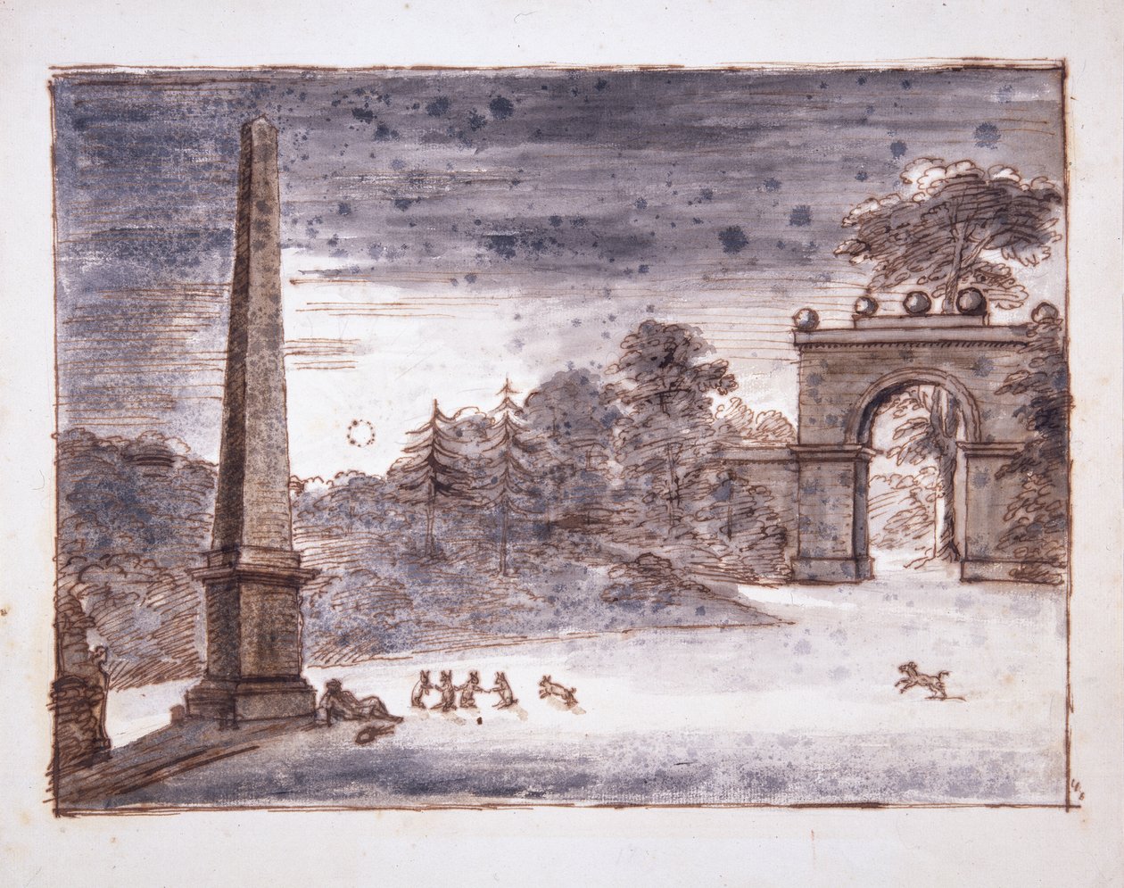 Chiswick, Burlington Lane Gate and the Obelisk in Moonlight with Kent Sitting by the Obelisk Dreaming, and Rabbits at Play by William Kent