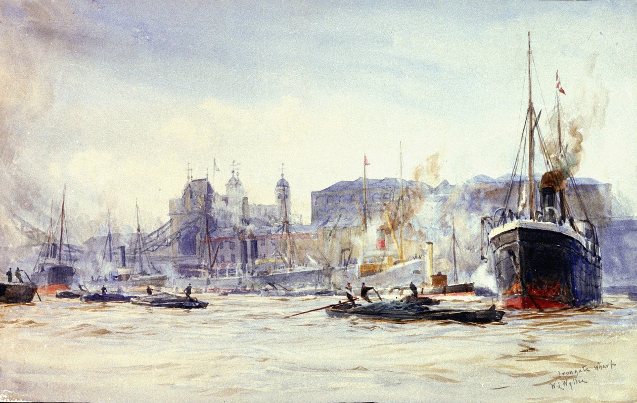 Activity Scene Along Irongate Quay, on the Thames (England), with Tower Bridge in the Distance by William Lionel Wyllie