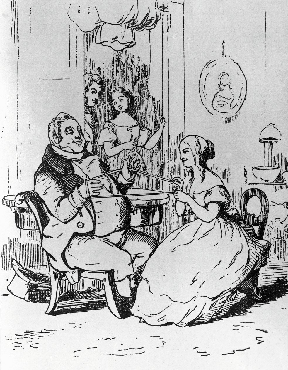 Mr Joseph Sedley Entangled by Becky Sharp, Illustration for 1st Chapter of Vanity Fair, Novel by William Makepeace Thackeray, Engraving after Drawing by William Makepeace Thackeray, Published in Chicago in 1882 by William Makepeace Thackeray