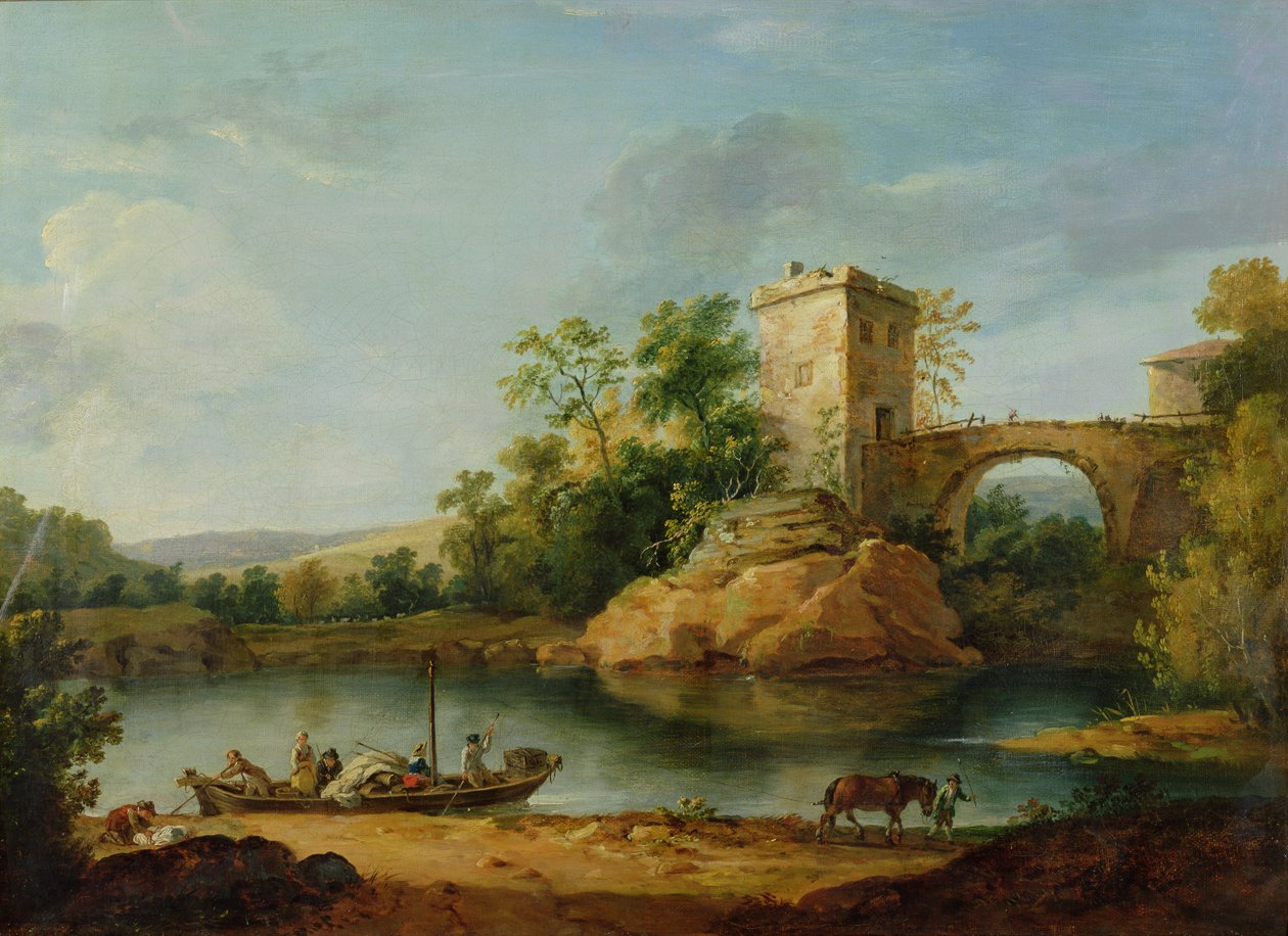 A Wooded Italianate River Landscape with Peasants in a Barge and a Bridge Beyond, c.1770 by William Marlow