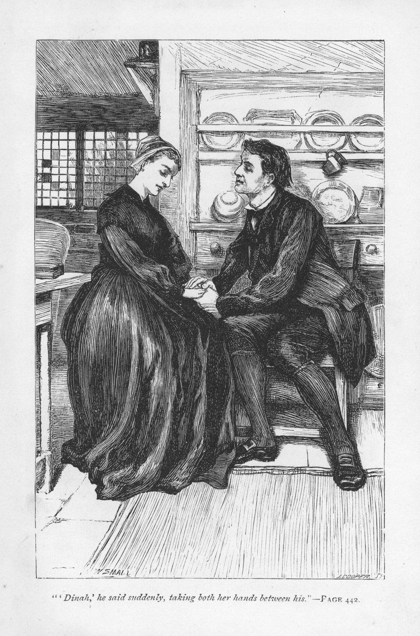 After the trials and tribulations of the story Adam Bede declares his love to Dinah Morris, the Methodist preacher. Adam Bede by George Eliot, first published 1859. Illustration by William Small by William Small