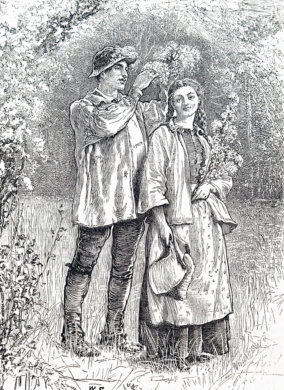 The crowning of the May Queen with a wreath of hawthorn by her sweetheart by William Small
