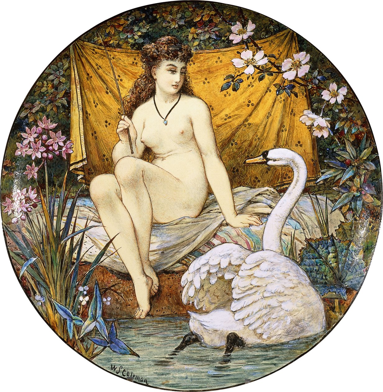 A Minton Earthenware Large Tazza, Depicting Leda and the Swan by William Stephen Coleman