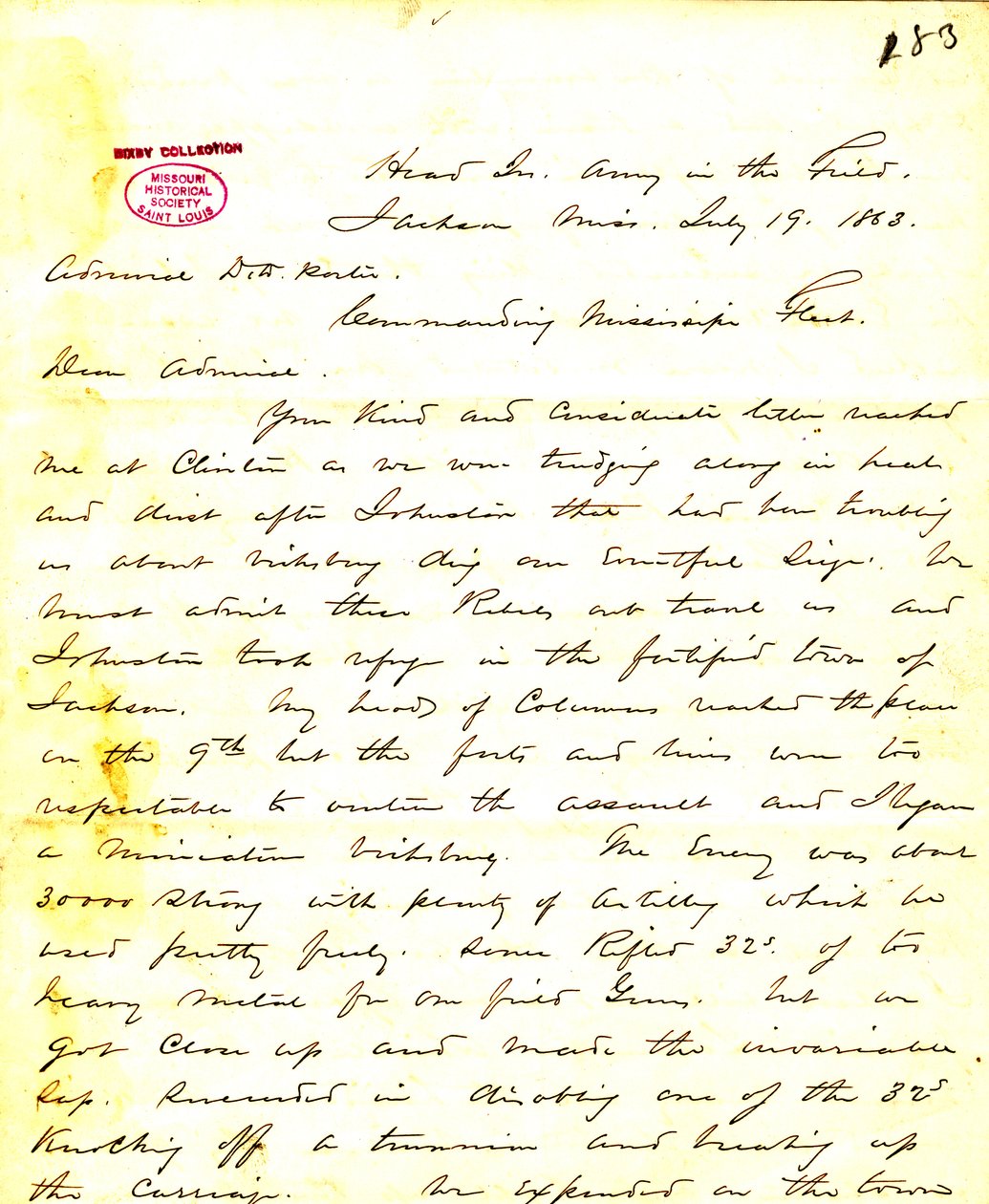 Letter from W. T. Sherman, headquarters, Army in the Field, Jackson, Mississippi, to David D. Porter, July 19, 1863 by William T. Sherman