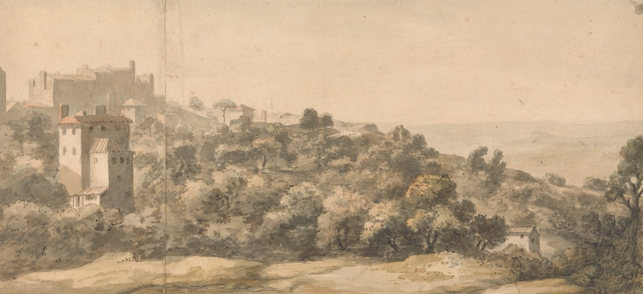 An Italian Landscape: Village on a Hill Left, Hillside Sloping Towards Right, with Distant Valley Beyond by William Taverner