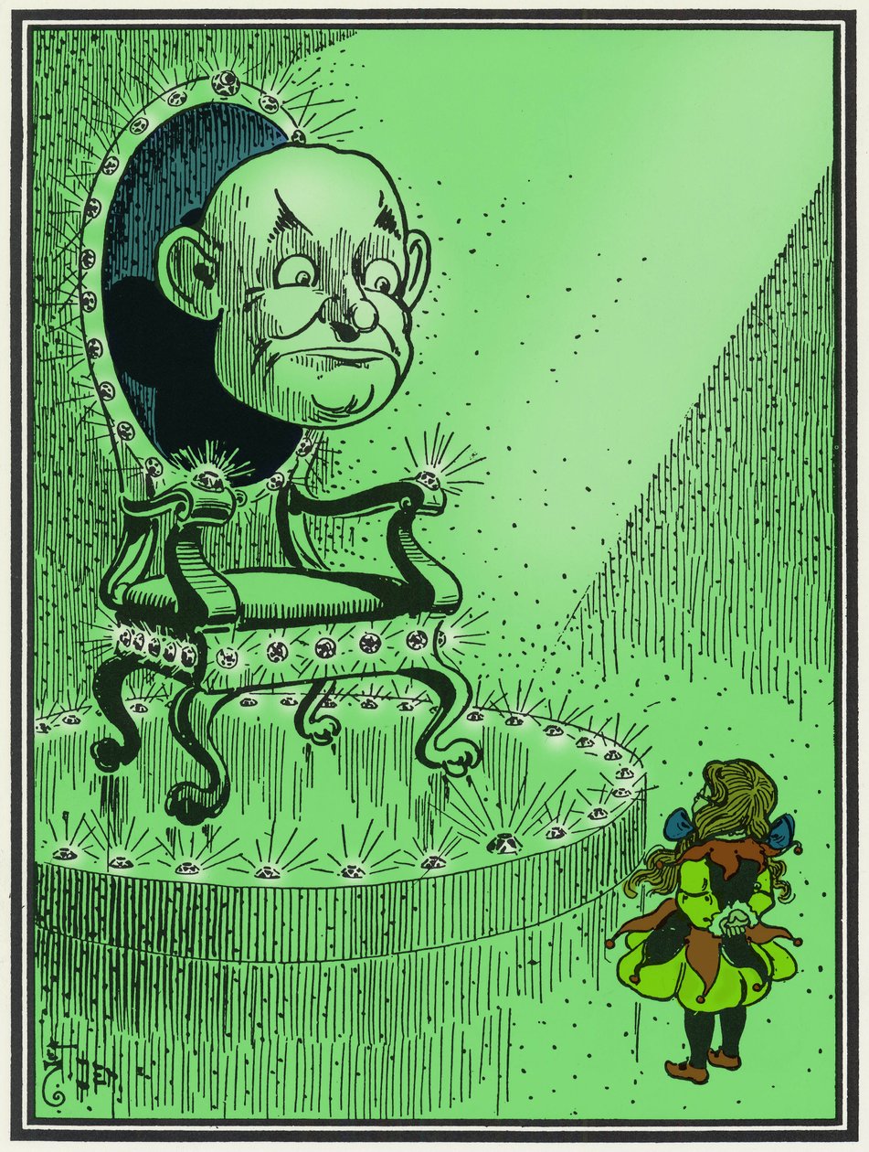 Dorothy in the Royal Hall of the Emerald City in front of the Wizard of Oz. Illustration by William Wallace Denslow for Frank Lyman Baum
