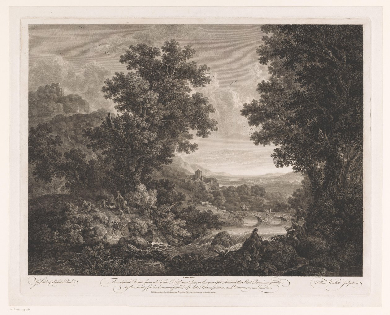 Landscape with Figures Around a Fire and a Draughtsman and Shawm Player on the Bank of a River by William Woollett