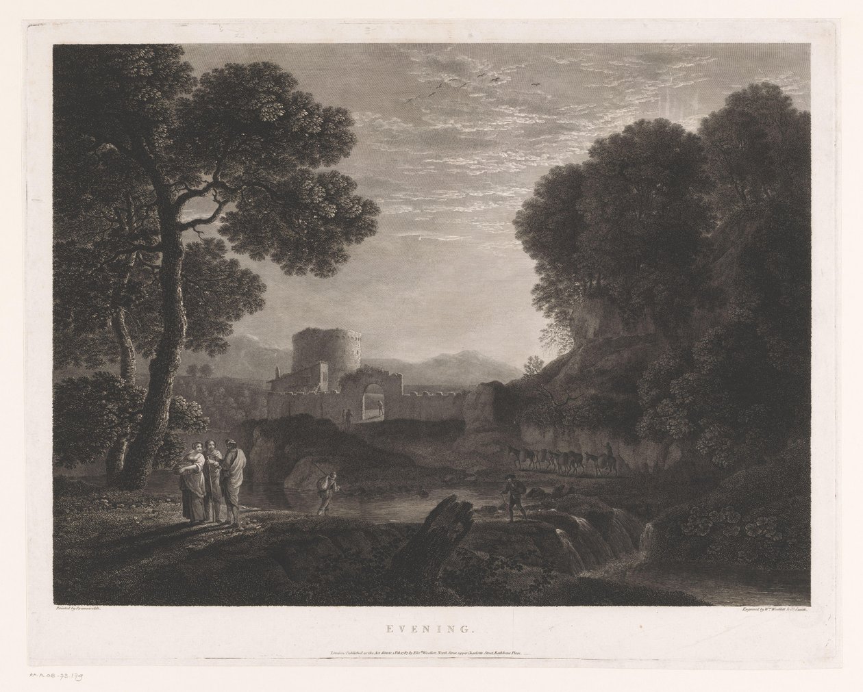 Landscape with Gate and Tower on the Bank of a River, Evening (title on object) by William Woollett