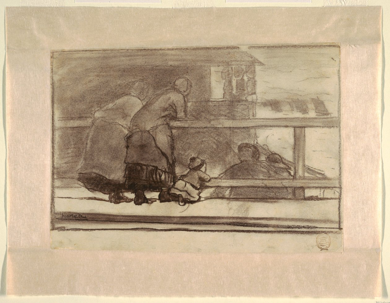 Two Women and a Child at a Rail, Overlooking Beach at Tynemouth by Winslow Homer