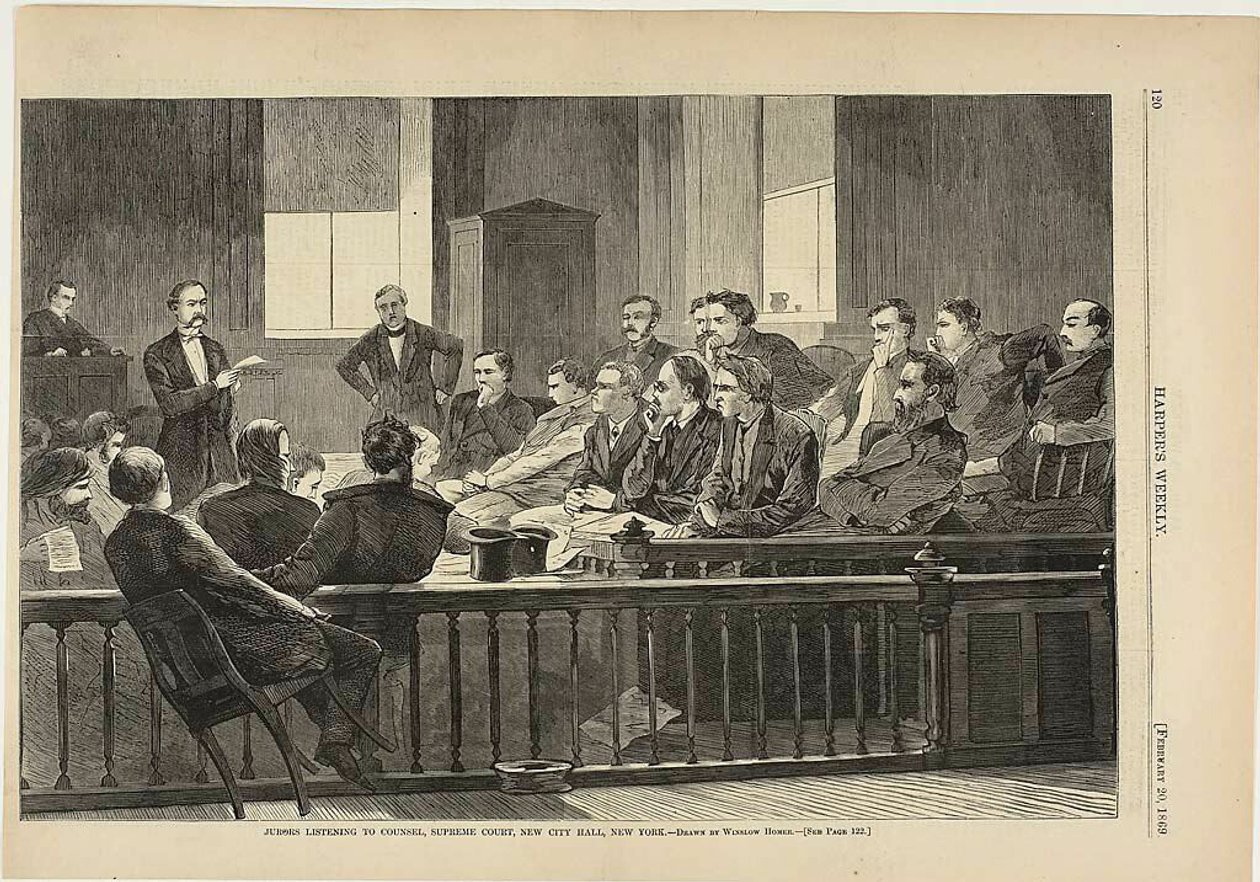 Jurors Listening to Counsel, Supreme Court, New City Hall, New York by Winslow Homer