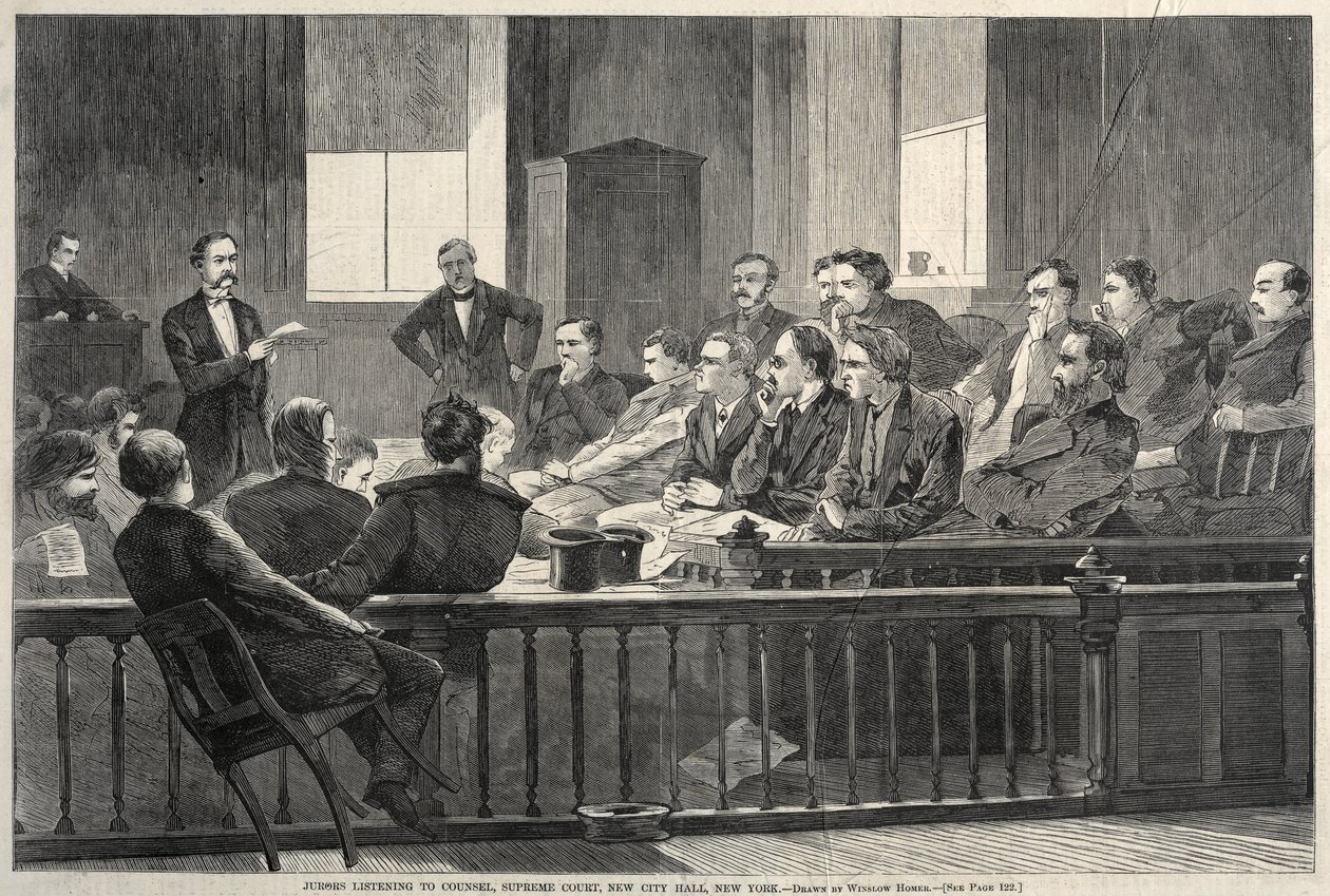 Jurors Listening to Counsel, Supreme Court, New City Hall, New York by Winslow Homer