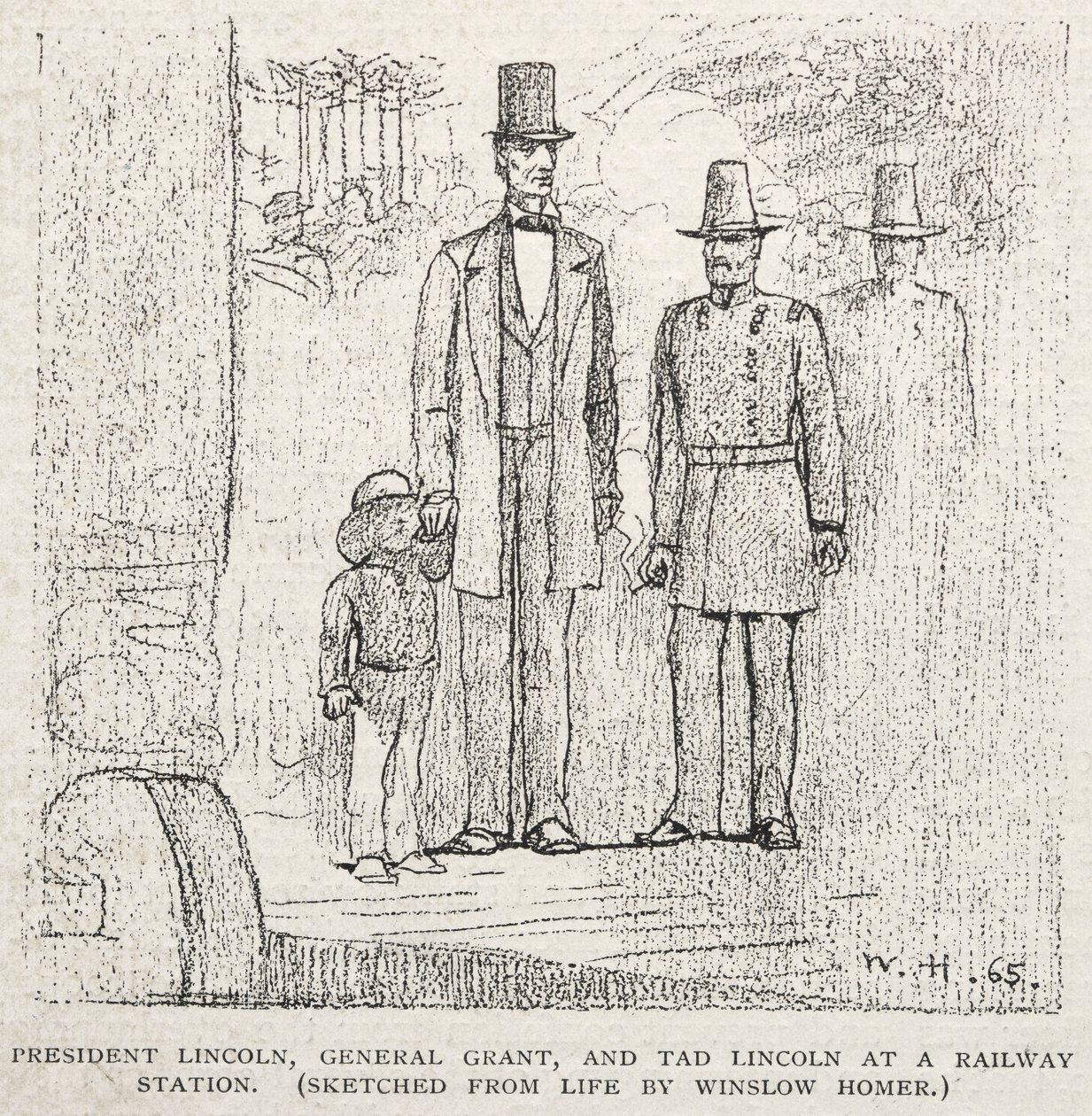 President Lincoln, General Grant, and Tad Lincoln at a Railway Station by Winslow Homer