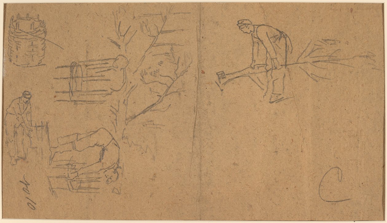 Soldiers felling sapling, and weaving saplings into baskets by Winslow Homer