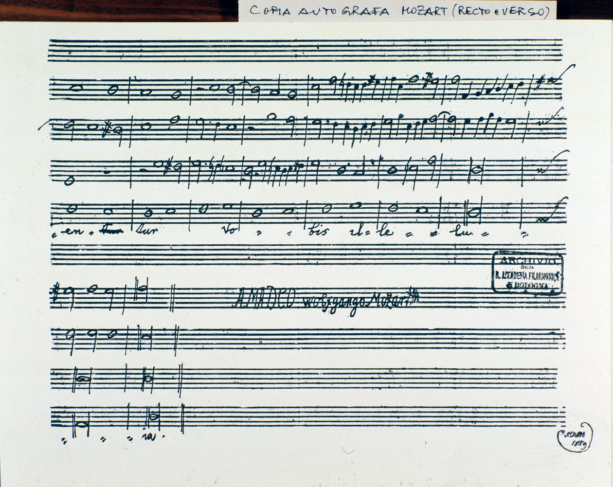 Sheet music page for Querite primum regnum Dei by Mozart to obtain the title of Accademia filarmonico, version corrected by father Martini by Wolfgang Amadeus Mozart