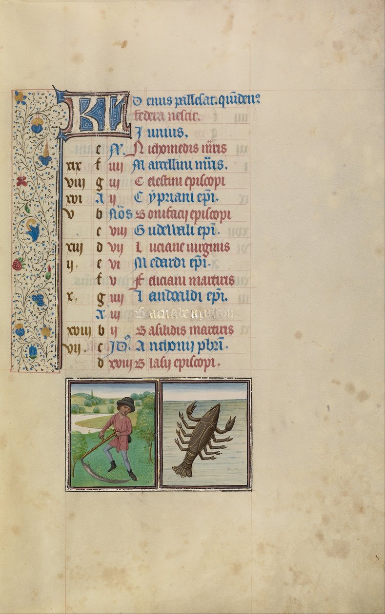 A Man Mowing; Zodiacal Sign of Cancer by Workshop of Willem Vrelant