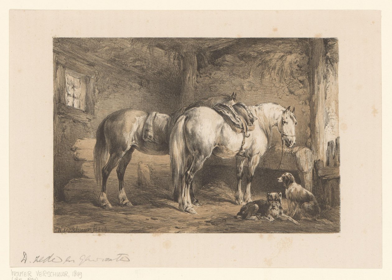 Two Horses and Dogs in a Stable by Wouter  Verschuur