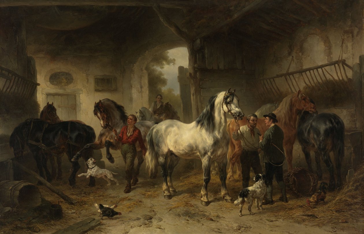 Interior of a Stable with Horses and Figures by Wouter Verschuur
